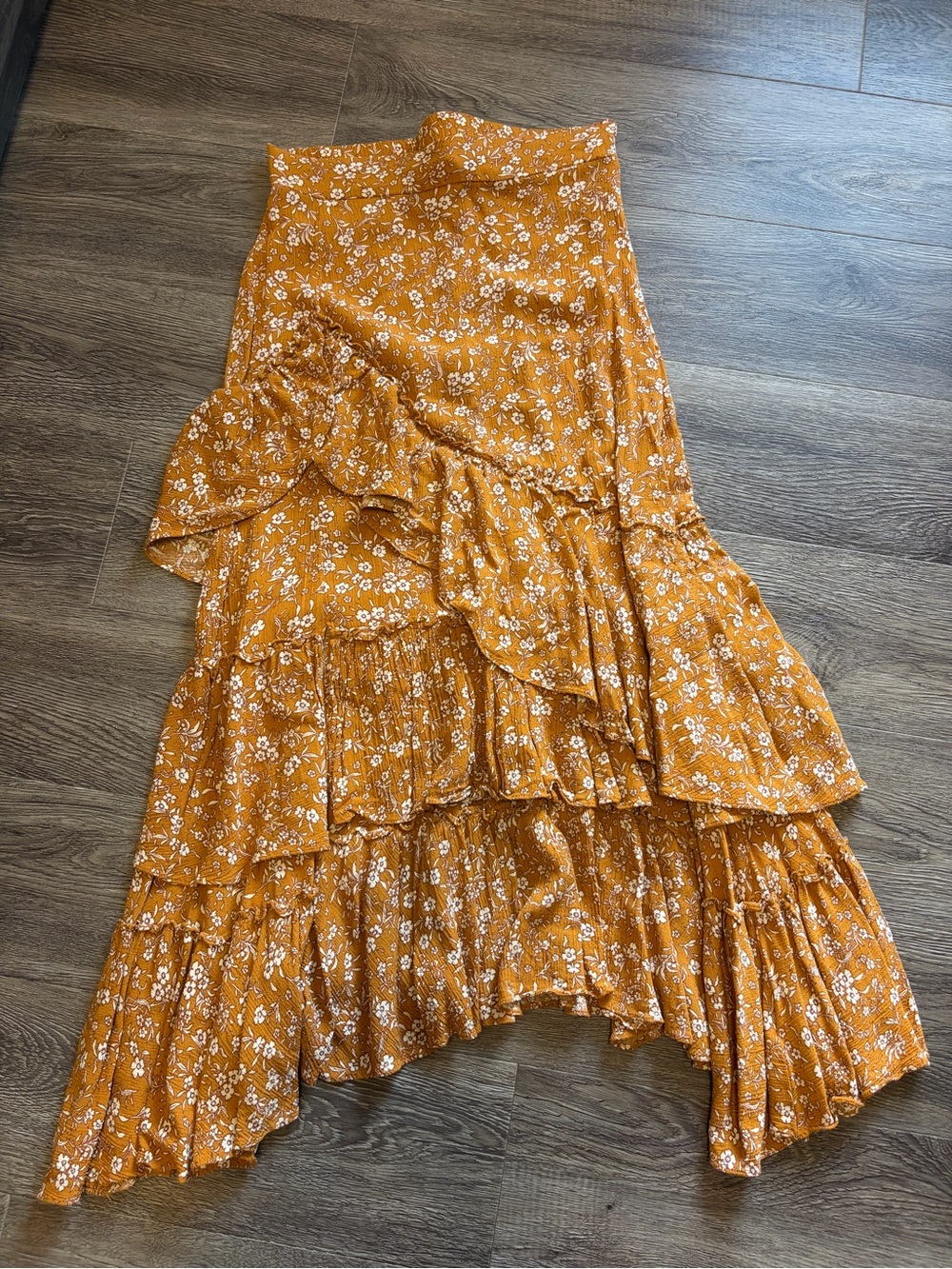 Floral Mustard Tiered Maxi Skirt with Ruffle Details